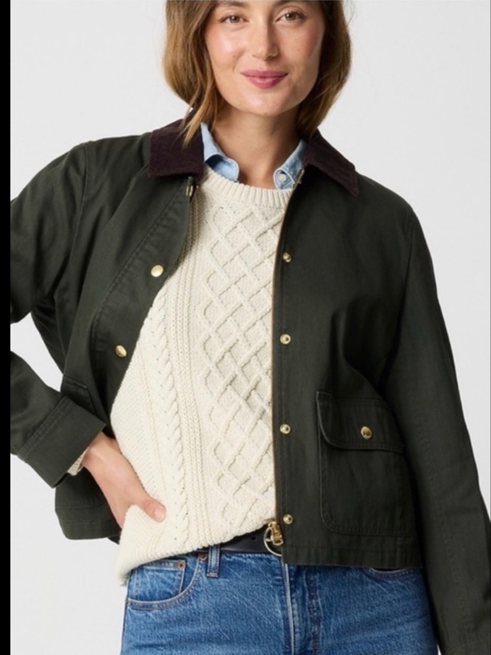 J. Crew XL Olive green cotton barn coat Jacket corduroy Plum Collar